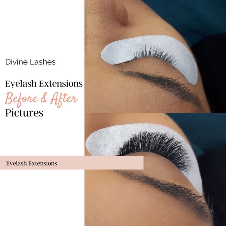 Before and after picture of a woman with eyelash extensions