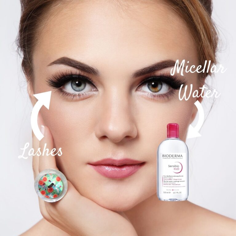 Woman using micellar water to clean eyelash extensions