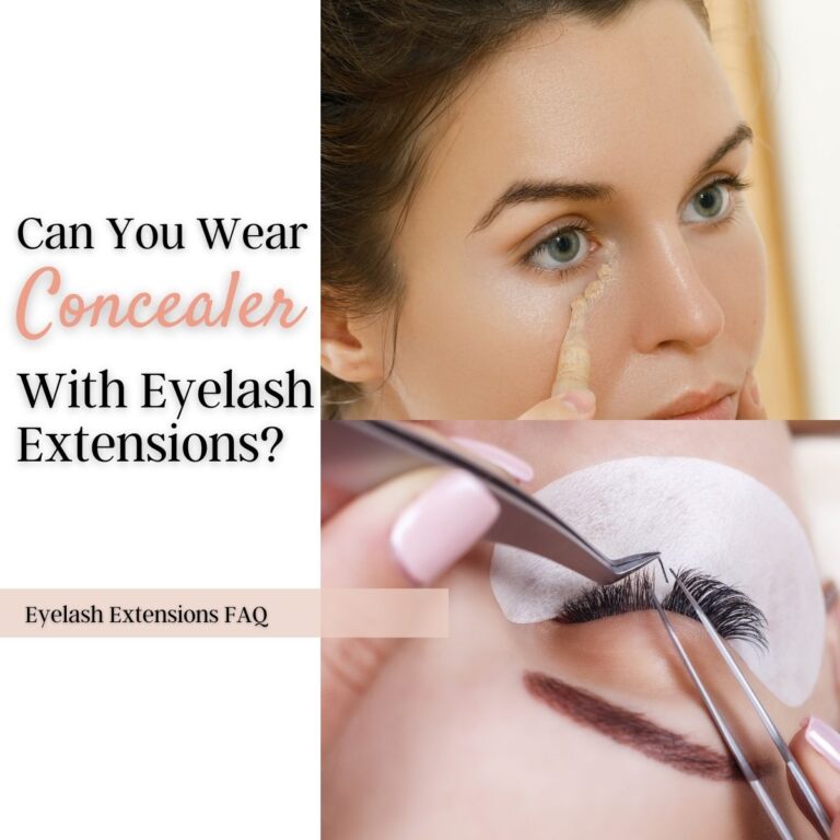 Can you wear concealer with eyelash extensions? Woman applying concealer and woman getting eyelash extensions.