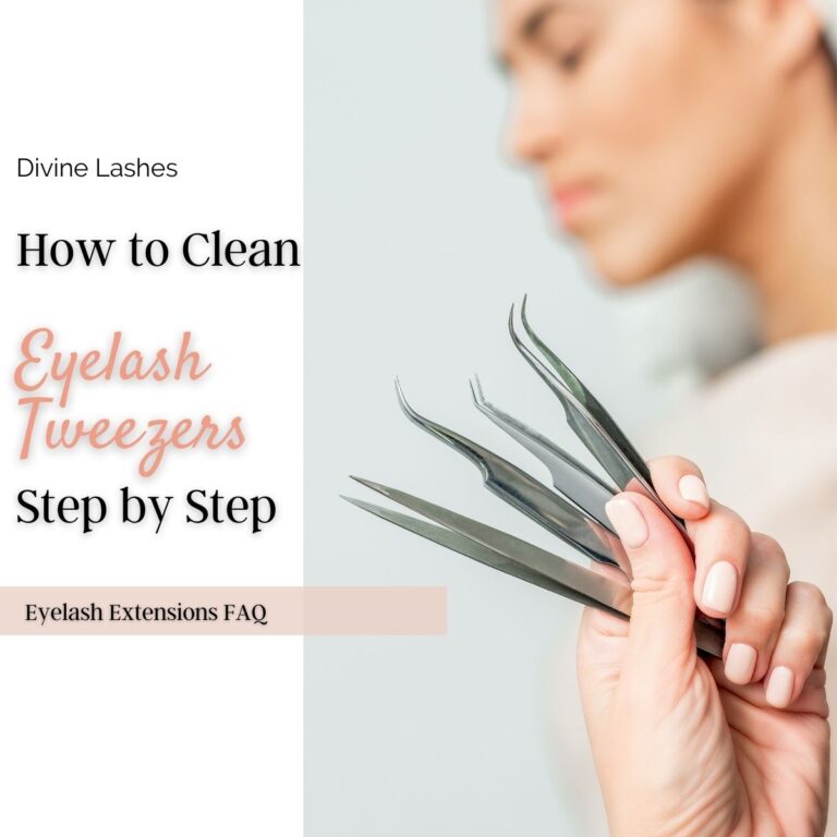 How to clean eyelash tweezers. Woman holding several lash tweezers in her hand.