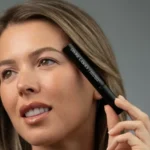 A woman smiling while with the Divine Lashes Eyelash Serum next to her face.
