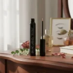 The Divine Lashes serum tube standing upright on a wooden vanity next to a mirror and gold accessories, highlighting its premium aesthetic for a daily beauty routine.