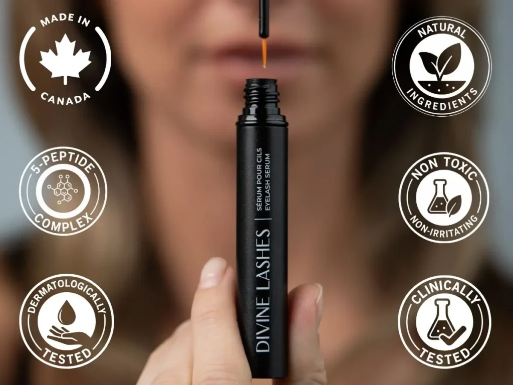 A product-focused shot of the Divine Lashes tube with the applicator brush pulled out, surrounded by circular icons representing key benefits like "Peptide Complex" and "Clinically Tested."