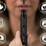 A product-focused shot of the Divine Lashes tube with the applicator brush pulled out, surrounded by circular icons representing key benefits like "Peptide Complex" and "Clinically Tested."