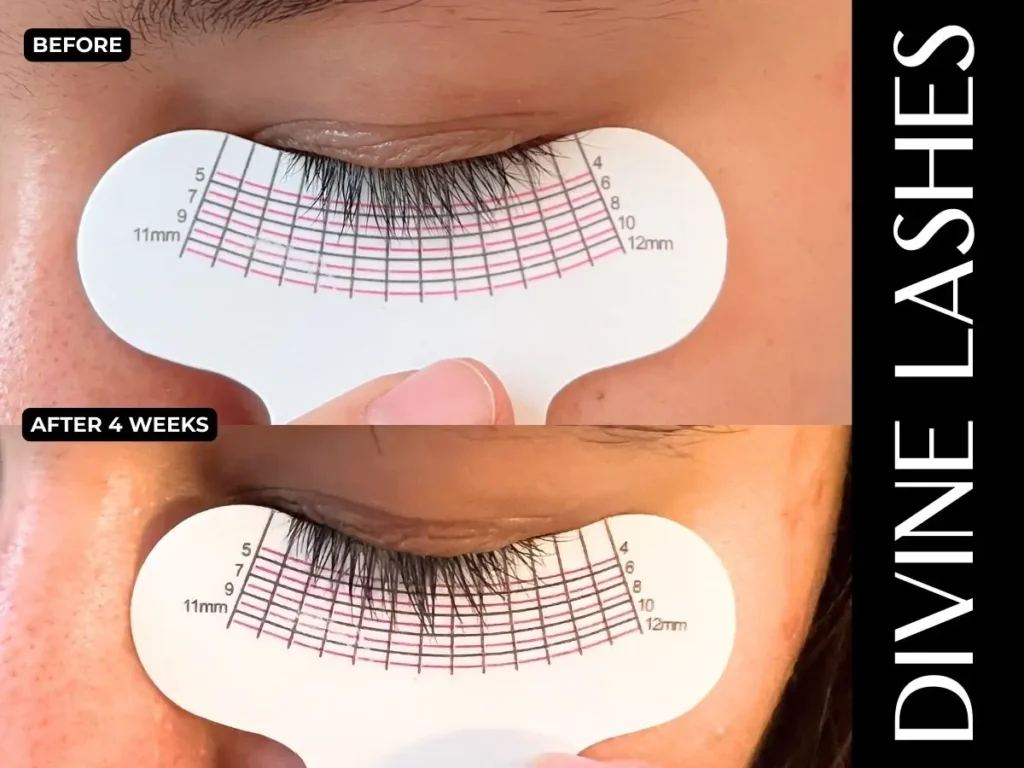 A before-and-after comparison collage showing the dramatic increase in lash length and density after consistent use of the peptide-rich serum.