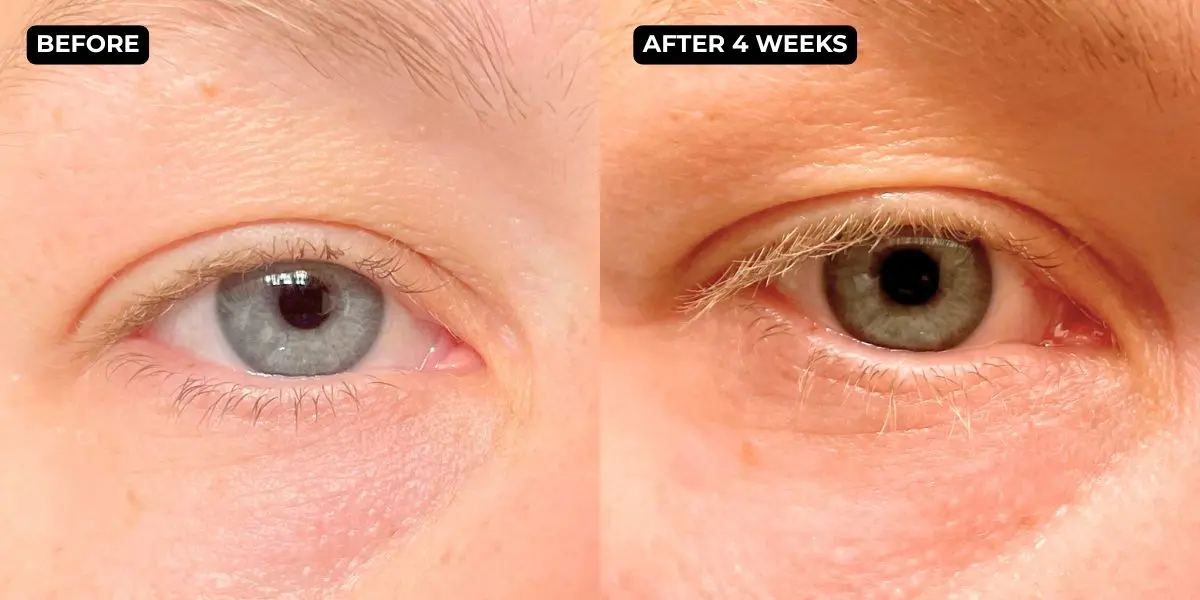 Detailed before and after view of eyelash volume and length improvement with Divine Lashes serum.