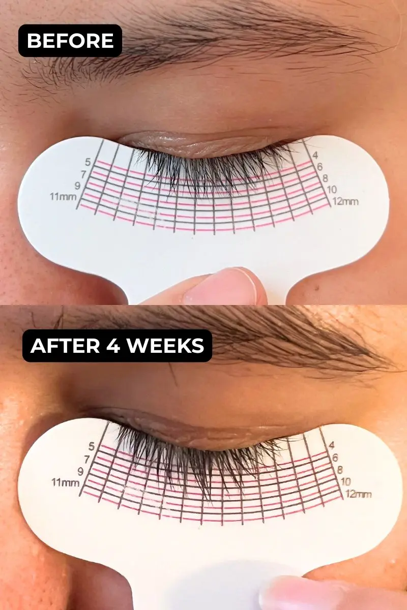 Before and after comparison showing increased lash length and density using Divine Lashes serum for 4 weeks.