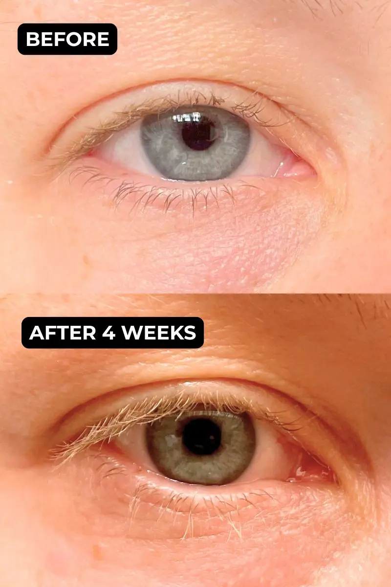 Side-by-side eye close-up showing lash growth and thickness results after 4 weeks of Divine Lashes serum.
